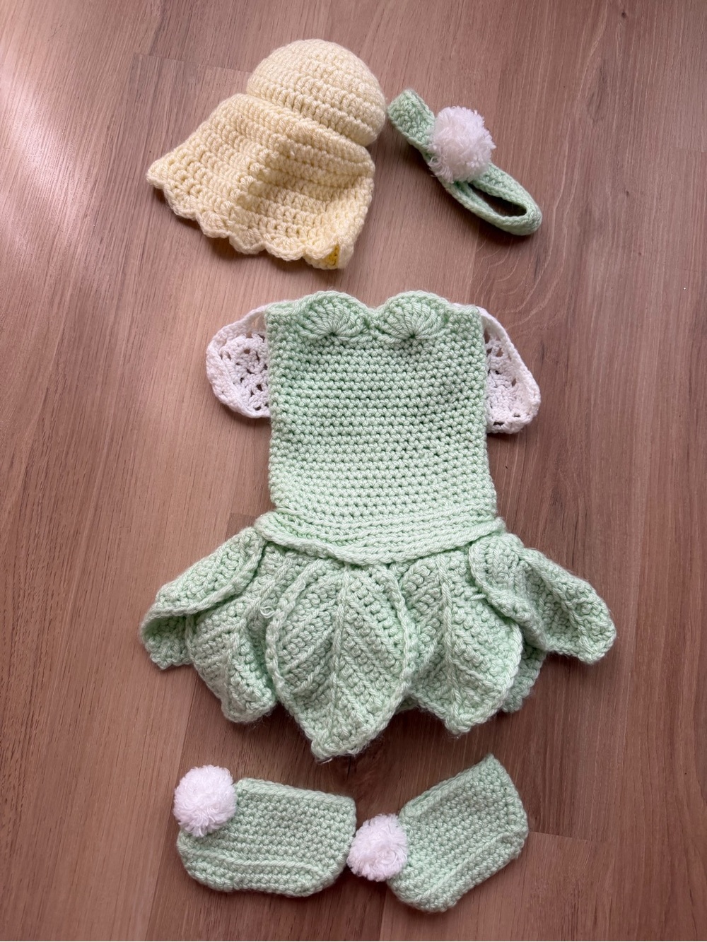 Baby Tinker Bell Fairy Halloween Costume Handmade Crochet 5 Piece Set 0-6M